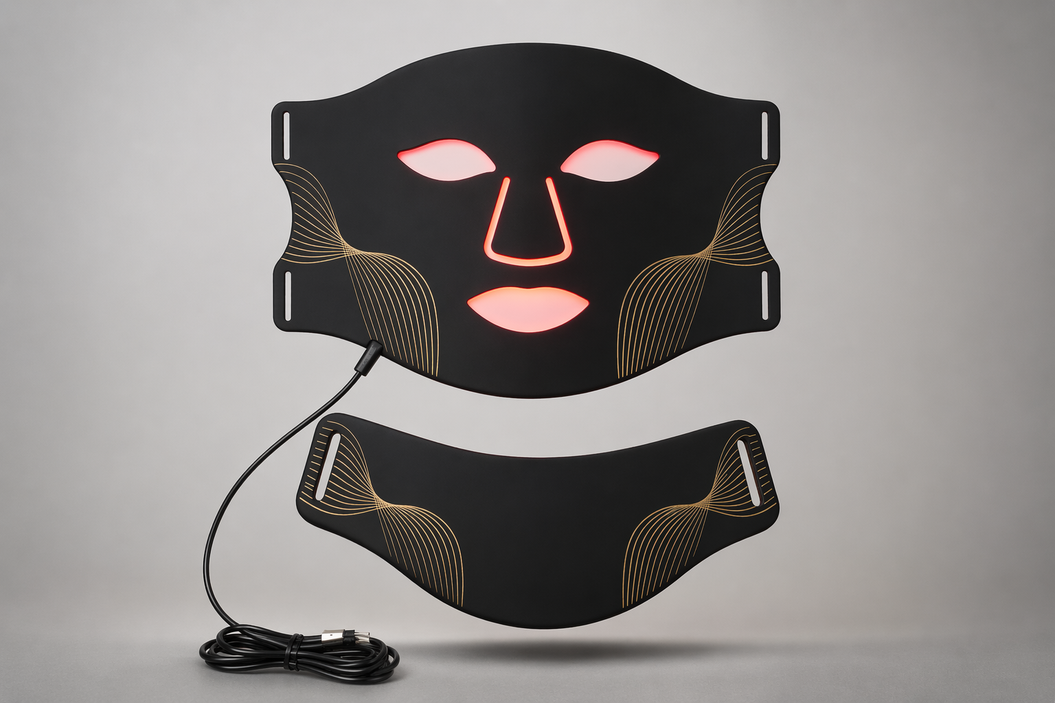 Aura Mask LED light therapy mask with neck attachment and USB charging cable on a soft grey background — Healing Circle