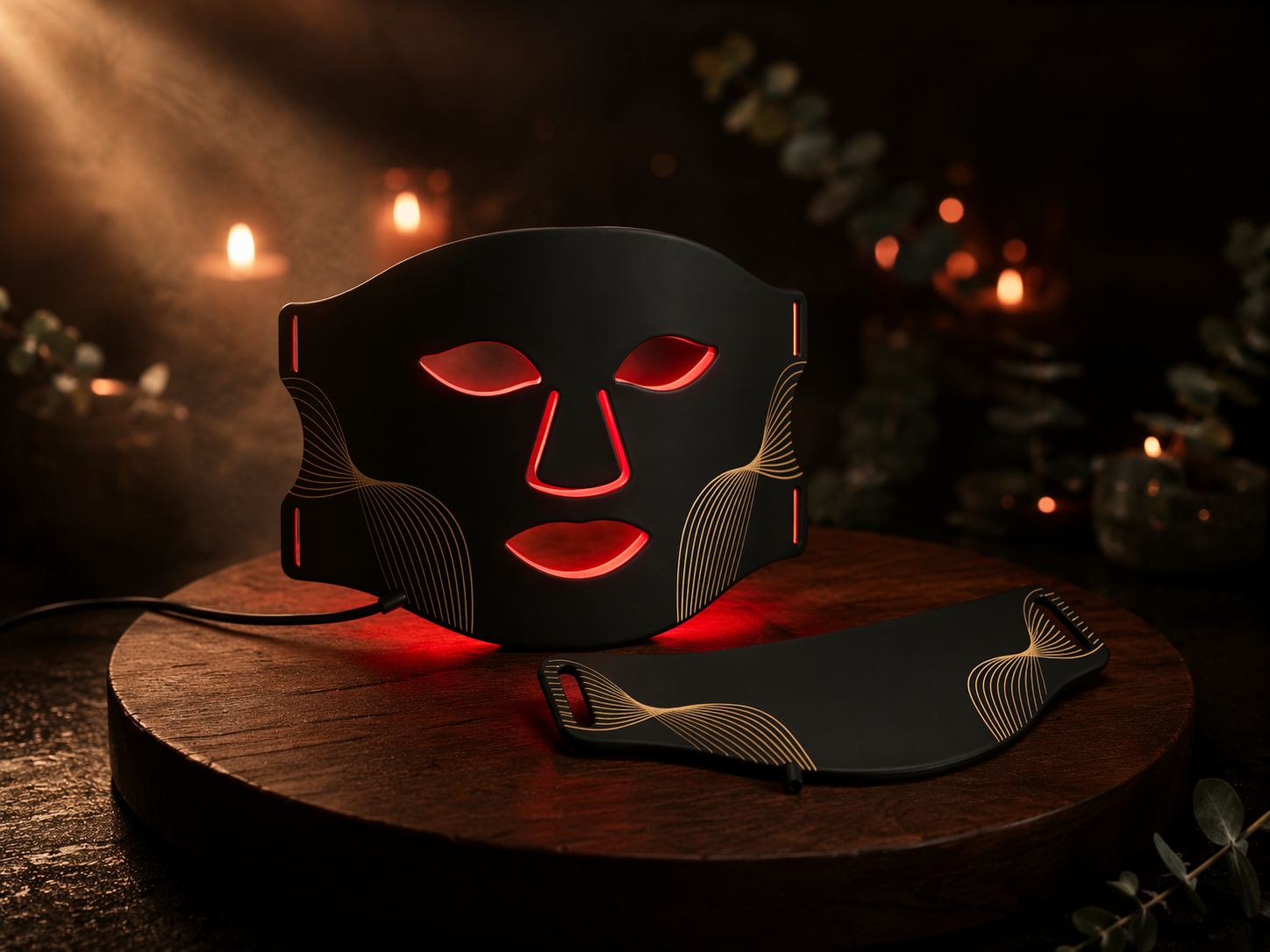 Aura Mask LED light therapy mask glowing red on a wooden plinth with neck attachment, candles and eucalyptus in soft evening light — Healing Circle